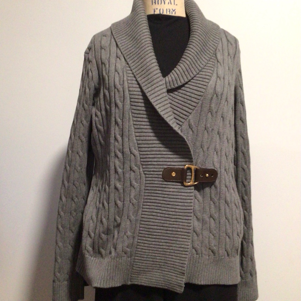 Ralph Lauren Black Label Gray Cable Knit Sweater With Buckle Size Xl